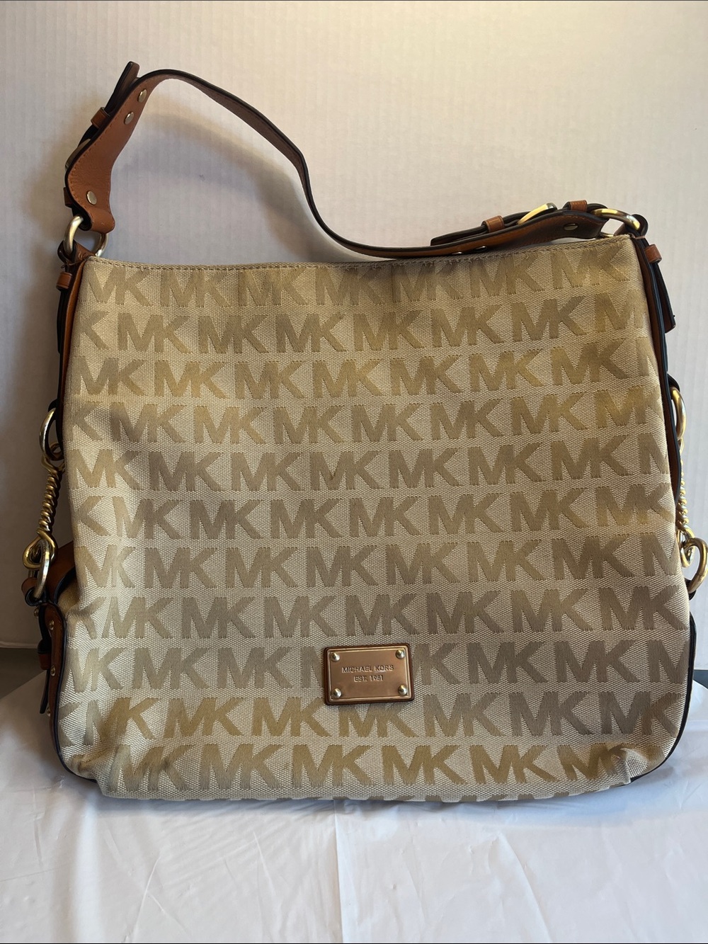 Michael Kors Big Valley Beige Tan MK Logo Shoulder Bag with Gold Hardware